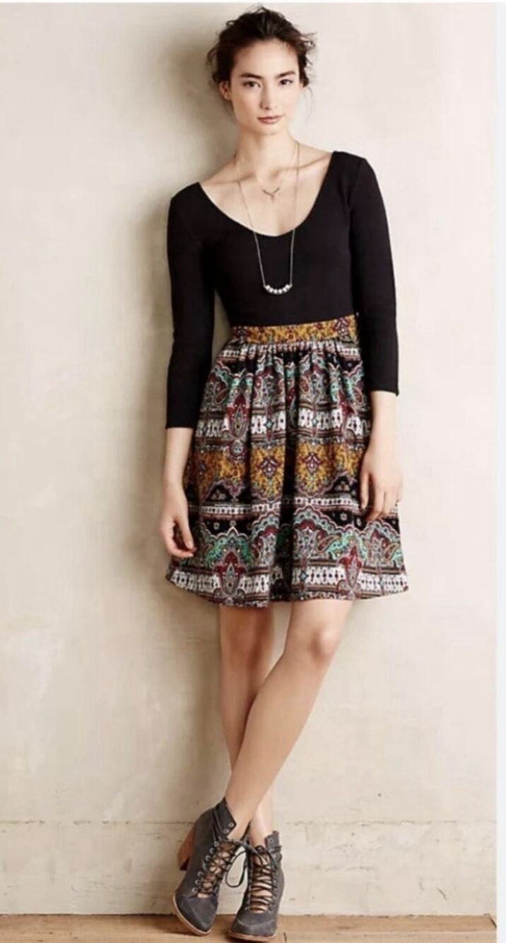 Maeve Anthropologie Arborea Black Plunge Neck Paisley Dress Sz 6